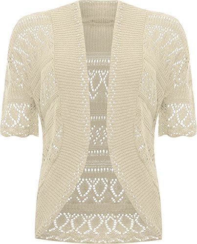 WearAll Womens Plus Size Crochet Knitted Short Sleeve Ladies Open Cardigan Top - Stone - 14/16