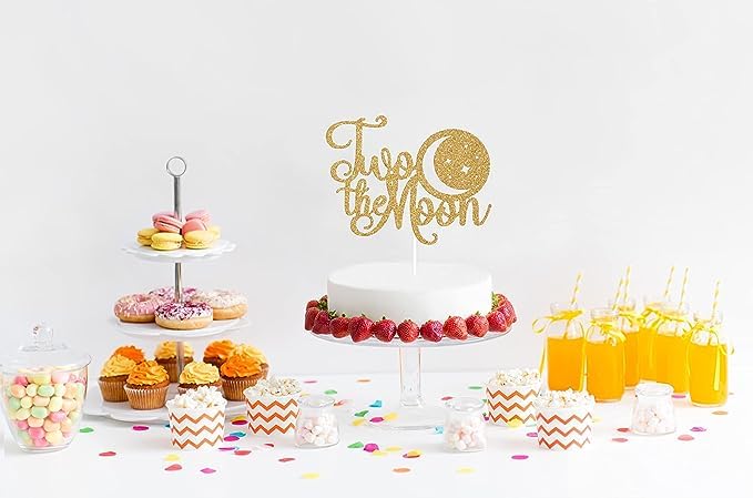 Image of Two the Moon Cake Topper | Happy 2nd Birthday Cake Topper | 2nd Birthday Party Decoration Supplie | Smash Cake Decoration | Photo Booth Props | Gold Glitter