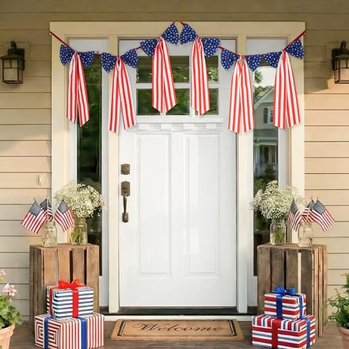 Image of 4th of July Decorations - 6.7 FT Patriotic Bow Garland Banner | Memorial Day 250th Anniversary Red White Blue Independence Day Party Decorations for Home Yard Porch Indoor Outdoor
