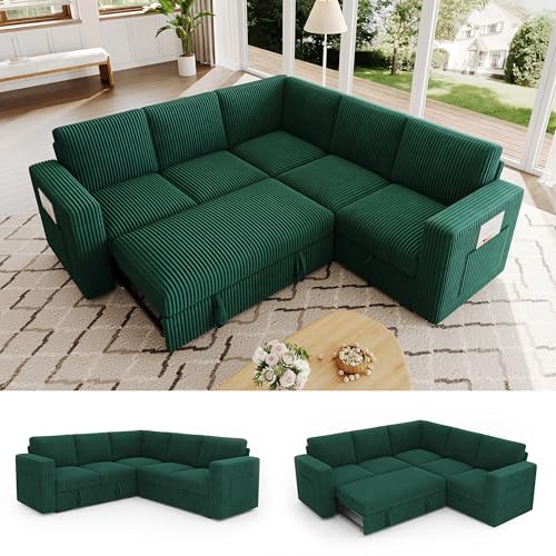 Image of 83.5 inch Corduroy Sectional Sleeper Sofa, Pull Out Couch with Storage, Green