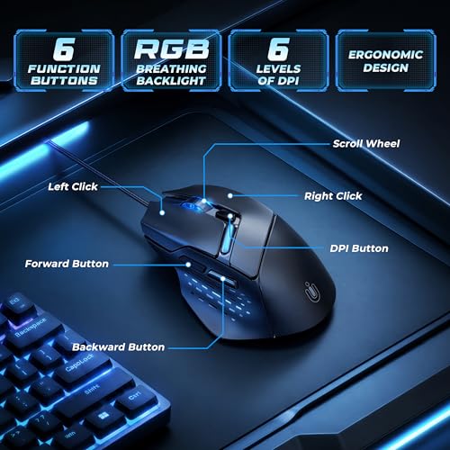 Image of Uineer Wired Gaming Mouse, 7200 DPI, 6 Programmable Buttons, RGB Lighting | 6 programmable buttons, adjustable 7200 DPI, RGB lighting and quiet clicks for work or gaming.