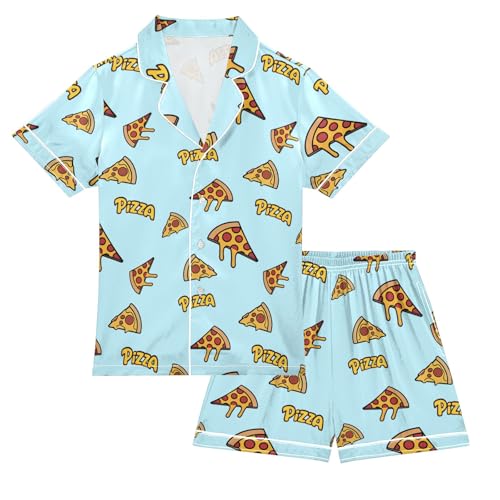 Pizza Cartoon Simple Pattern Summer Satin Pajama Set, Cute Button-Down Sleepwear Pj Set for Sleep Wears