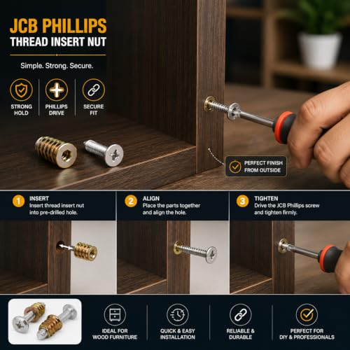 Image of By VP INDUSTRIES (Combo - 10 Pcs) M6x20 JCB Philips Screw Thread Insert Nut | M6x20 JCB Philips screw with thread insert nut for furniture, wood boards, cabinets, chairs, beds and DIY projects.