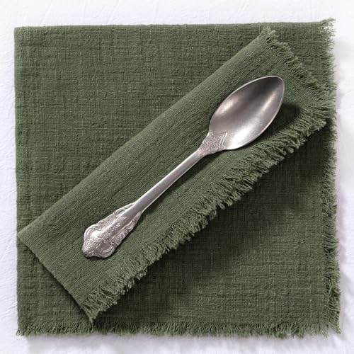 Image of MLMC 10 Pack Olive Green Cloth Napkins with Fringe Boho Linen Napkins Washable Reusable Rustic Dinner Table Decor 17 inchx17 inch for Wedding Party Picnic Gathering Decor