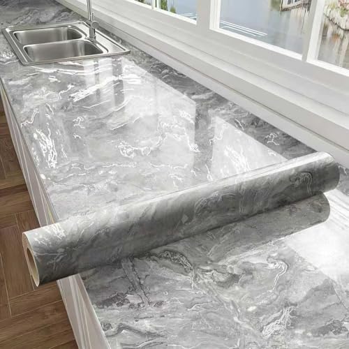 Thick Glossy Grey Silver Marble Peel and Stick Kitchen Sticker for Countertop and Cabinet Waterproof Removable Marble Contact Wallpaper with Air Guide Slot Self-Adhesive Furniture Sticker 15.7 "x118