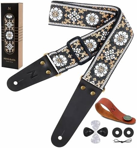 Nefelibata Woven Guitar Strap, Vintage Embroidered Cotton Guitar Straps with Genuine Leather Ends for Bass, Electric, Acoustic Guitars, Best Gifts for Kids, Men and Women Guitarists (Classical Style)