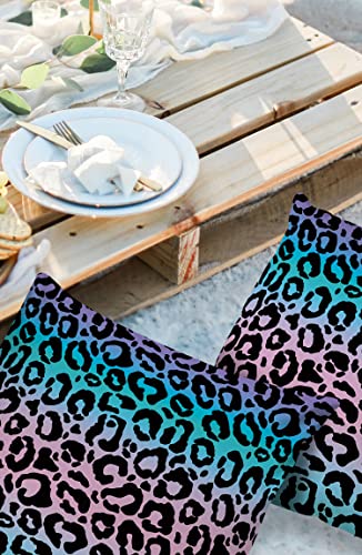 Waterproof Outdoor Throw Pillow Covers 18''X18'' Pack 2, Cheetah Blue Pink Teal Ombre Pillow Cases Cushion Cover With Hidden Zipper Leopard Fur Textured Colorful Gradient Pillowcase For Poolside Sofa #TOP1