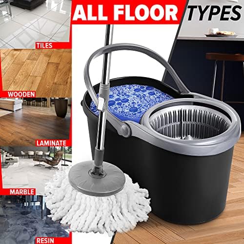 ZENQA Spin Mop and Bucket Set | 360° Spin Mop for Cleaning Floors | Stainless Steel Handle Extendable | Mop Bucket with 2 Super Absorbent Microfibre Mop Head Wet and Dry