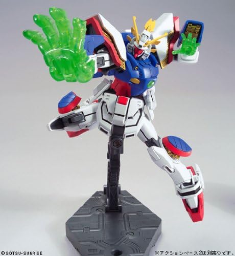 Bandai HG 1/144 Shining Gundam model kit performing the Shining Finger attack with a large translucent green hand effect part.
