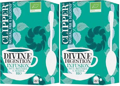 CLIPPER - Infusion Bio - Divine Digestion - Deux menthes et Fenouil - 20 Sachets d'Infusion Bio - Lot de 2