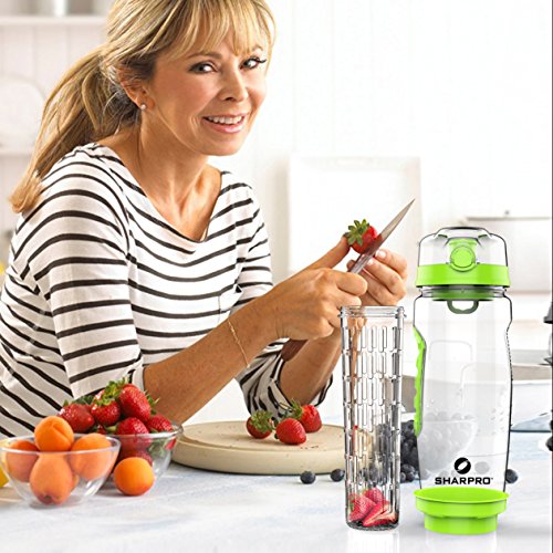 Sharpro 32 Oz. Infuser Water Bottles - Featuring A Full Length Infusion Rod, Flip Top Lid, Dual Hand Grips (Energy Green) #TOP6