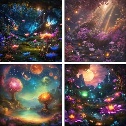 Peinture Diamant DIY adulte 5D forêt grand format 80x80 cm : point de croix et broderie diamant 4 pack