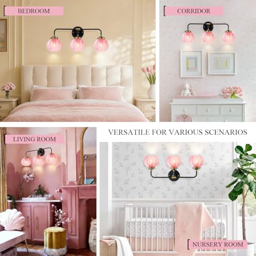 Image of Modern Bathroom Light Fixture Pink Wall Lights with Ribbed Glass Shade 3-Lights Vintage Black Vanity Light Over Mirror Wall Sconce Decor Lighting Fixtures for Bath Farmhouse Bedroom