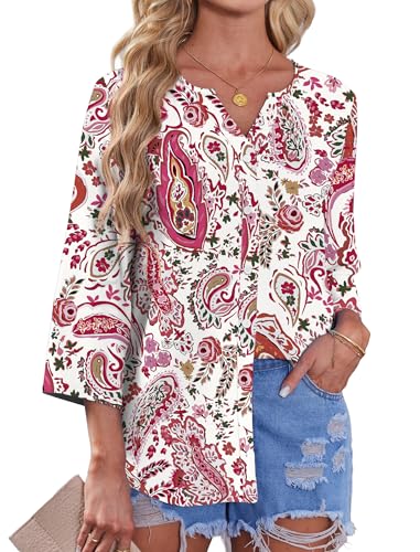 Image of OFEEFAN Button Down Shirts for Women 3 /4 Length Sleeve Tops V Neck Blouses Business Casual Outfits Loose Fit