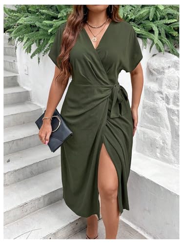 Image of SOLY HUX Women's Plus Size Wrap V Neck Knot Side Midi Dress Short Sleeve Flowy Party Dresses