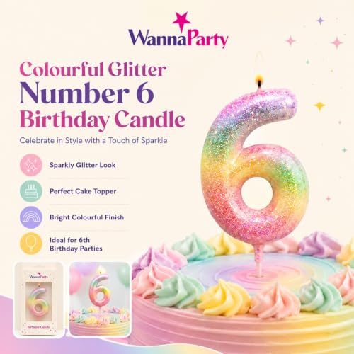 Image of Wanna Party Glitter Colorful 6th Birthday Candle, Number 6 Cake Candle Cake Toppers for Girl Women, Glitter Colorful Themed Party Decorations Supplies Birthday Gifts