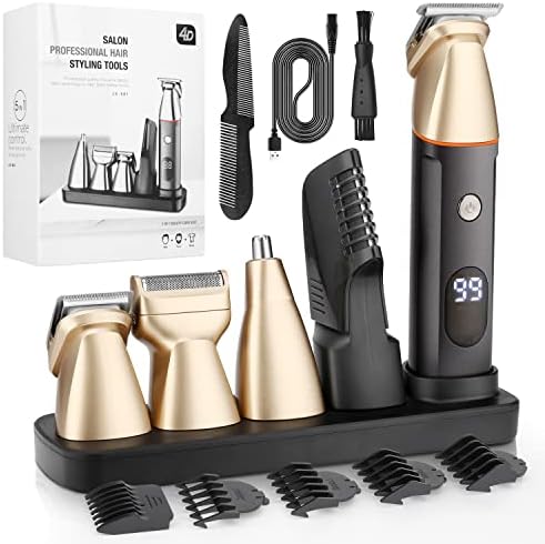 QREEYX Mens Beard Trimmer 5 in 1 Cordless Hair Trimmer Kit, Waterproof Electric Nose Hair Trimmer Mustache Trimmer Body Shaver Grooming Kit, USB Rechargeable and LED Display Hair Cutting Kit (Gold)