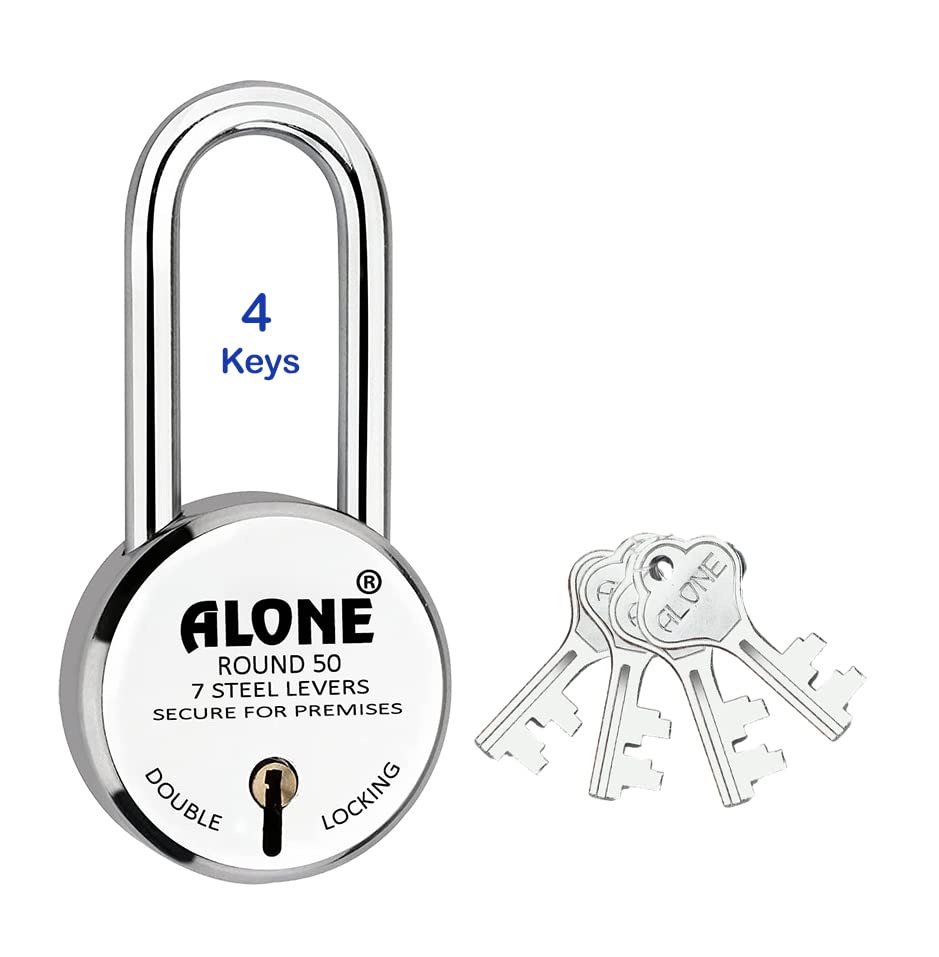 50mm New Round Lock | Long Shackle | Steel Body | Double Locking | 8 Steel Levers 4 Keys | Small Lock and Keys for Home Door Gate Shop | Made in India | Door Padlock | Chrome Finish (Pack of 1) (B0C56RQT1K) Amazon Price History, Amazon Price Tracker
