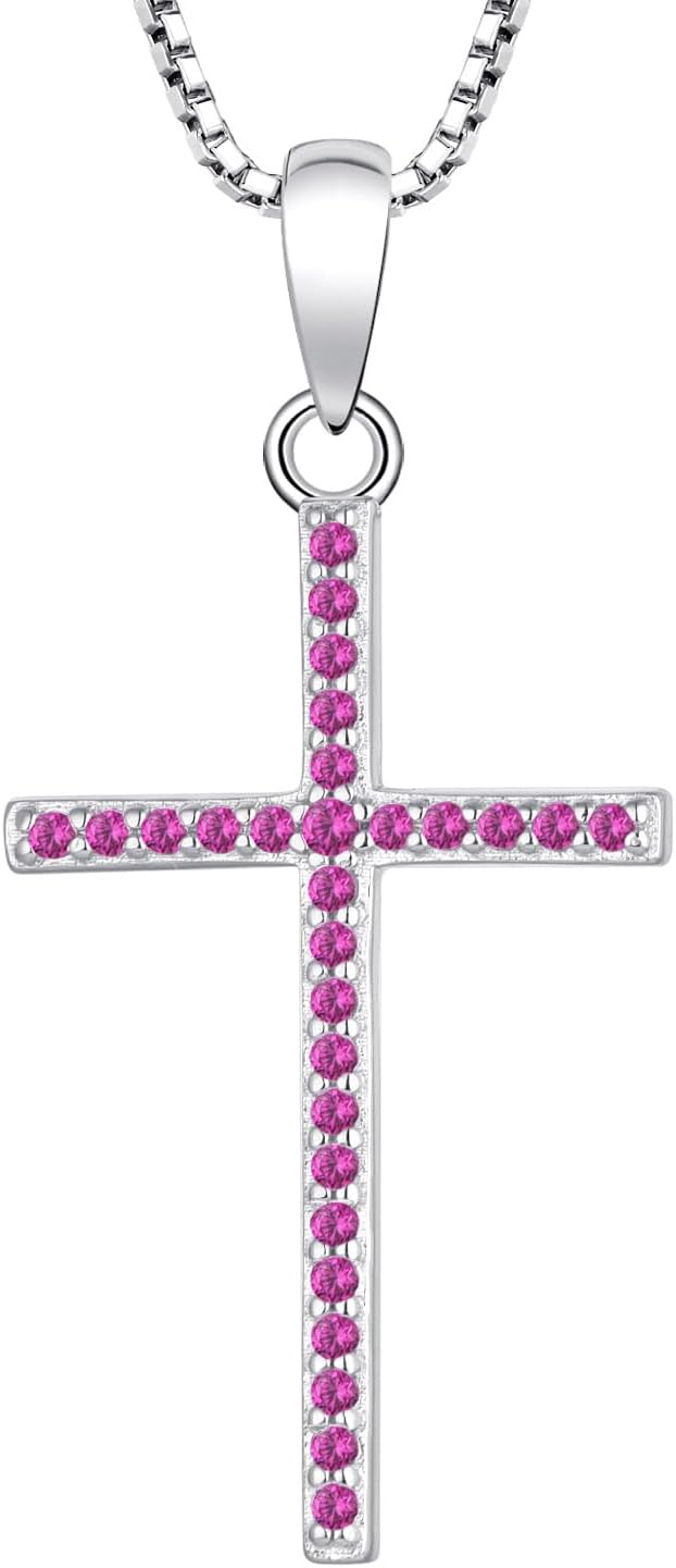 YL Womens Plain Cross Necklace 5A+ Birthstone, Solid 925 Sterling Silver 18K White Gold Plated Pendant Crucifix Jewelry Christmas Gifts Adjustable Box Chain 18"+1.2"