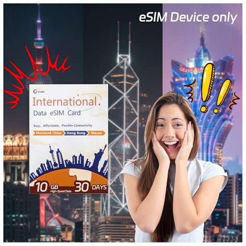 Prepaid China eSIM Data: 10GB High-Speed Data for 30 Days,Explore Beijing, Shanghai, Great Wall & More, Seamless Roaming in Mainland China, Hong Kong, Macau, No Contract, Hotspot Support, No SIM Card