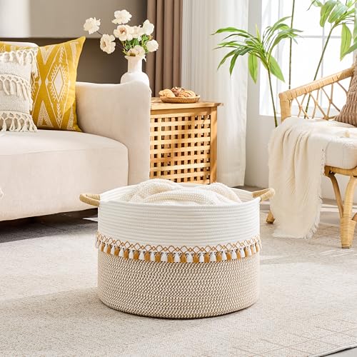 Image of KAKAMAY Cotton Rope Storage Basket (20 inchx13 inch),Woven Hamper for Blankets,Toys,Pillows,Clothes,Laundry,Sturdy Handles Decorative Basket for Living Room, Bedroom,Nursery(Brown /Grey)
