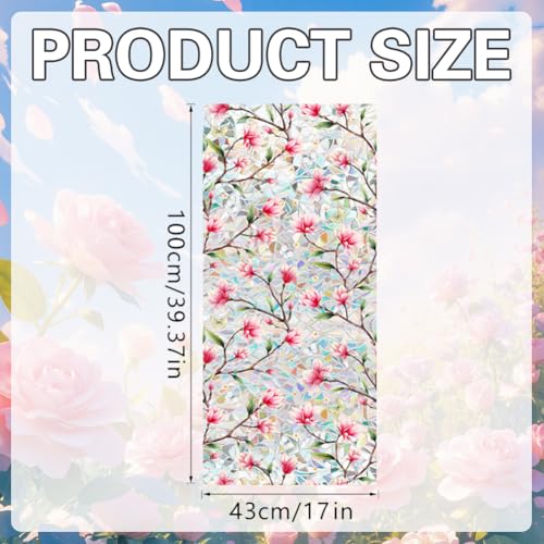 Image of JOONOR Pink Magnolia Flower Sunroof Film Floral Rainbow Effect Static Clings Window Privacy Film Sun Protection Stained Glass Decals for Car Moonroof & Side Windows, 17.72 x 35.43 Inch