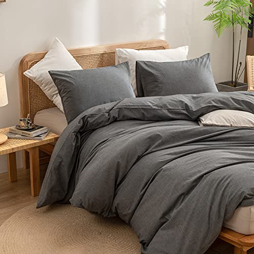 Image of BESTOUCH Cotton Solid Duvet Cover Set Linen Feel Dark Grey Twin | Washed Cotton, Linen Feel, Soft Wrinkle Texture, Hidden Zipper, 8 Ties, Breathable Lightweight Durable Comfy, 2Pcs No Insert