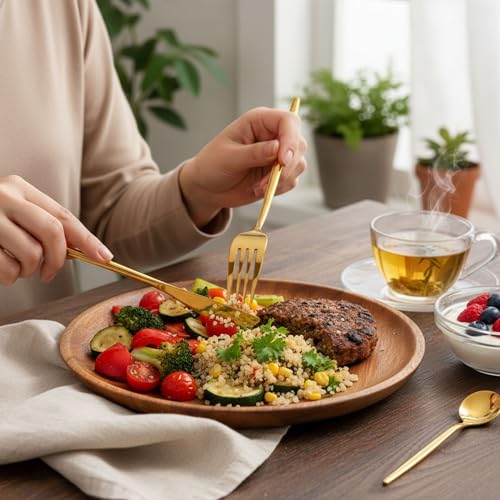 Image of Slim Handle Gold 25 Pcs Stainless Steel Cutlery Set for Dining Table, Dishwasher Safe Glossy Flatware (5 Spoon Set+5 Forks Set+5 Butter Knife+5 Dessert Spoon+5 Fruit Fork)