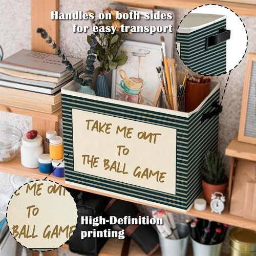 Image of Vintage Baseball Nursery Storage Bins Box with Handles, Take Me Out to the Ball Game Sports Green Striped Collapsible Basket Organizer for Boys Bedroom Playroom Bathroom Books Clothes
