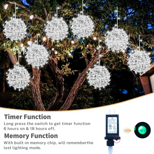 Outdoor Christmas Balls Lights 4 Pack Hanging 7.1" LED Garden Sphere Tree Lights 8 Modes Waterproof Glow Globe Light with Memory Timer Plug for Yard Porch Eave Patio Home Bedroom Decoration-Cool White by SenLuKit - Image 5