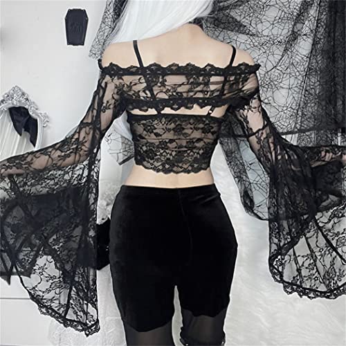 Image of Goth Lace Sheer Bolero Shrugs For Evening Dresses Gothic Floral Bell Sleeve Renaissance Bolero Cardigans Crop Top