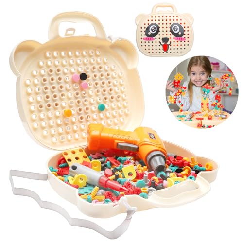 Montessori Boîte à jouets avec perceuse, Magic Montessori Play Toolbox Mosaic Puzzle Toy Drill Mosaïque Jeu d'emboîtement pour enfants Vis Jouets Montessori Mallette à outils pour garçons et filles