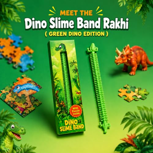 Image of Phool Green Dino Stretchable Band Rakhi for Kids with Dinosaur Puzzle | Fun Dinosaur Rakhi for Boys | Stretchable Kids band| Raksha Bandhan Gift for Brother