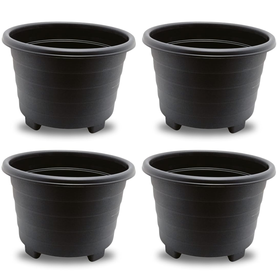 SIDSONS Large Sleek Black Planter 39cm - Plastic Plant Pots, Indoor Flower Pot, Outdoor Garden Patio Planters, Marked Drainage Hole, Round Planter With Feet, Herb Plant Container (4, 39cm Sleek Black) โ image 1