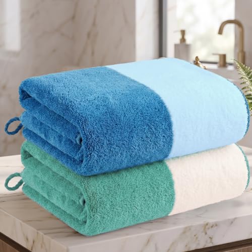 Image of Story@Home 500 GSM Microfiber Towels for Bath Large Size | Towel Set of 2 |Super Soft Color Blocked Bath Towels | 70 x 140 cm | Blue & Mint Green | Skin & Hair Friendly Bath Towels for Men, Women