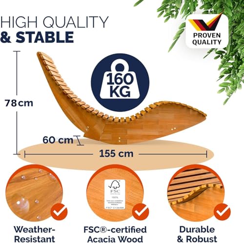 CASARIA® JAVA Rocking Wooden Sunlounger 155x60x93cm | FSC®-Certified Acacia Wood Weatherproof Outdoor Garden Furniture | Foldable Ergonomic Rocker Chair Brown | 160kg Capacity Sun Lounger Chair