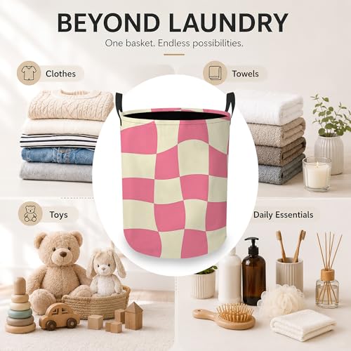 Image of Abstract Chessboard Laundry Basket, Foldable Oxford Cloth Pink Checkerboard Laundry Hamper with Handles, Tote Bag Clothes Storage Bucket for Laundry Room /Bathroom /Bedroom /Dormitories 20.8 inchx16 inch