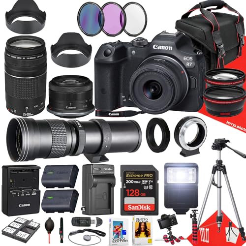 Canon EOS R7 Mirrorless Camera with 18-45mm, 75-300mm and 420-800mm Lens + 128 GB Memory + Hood + Monopod + Filters + Tripod + More (35pc Bundle), Black (Renewed)