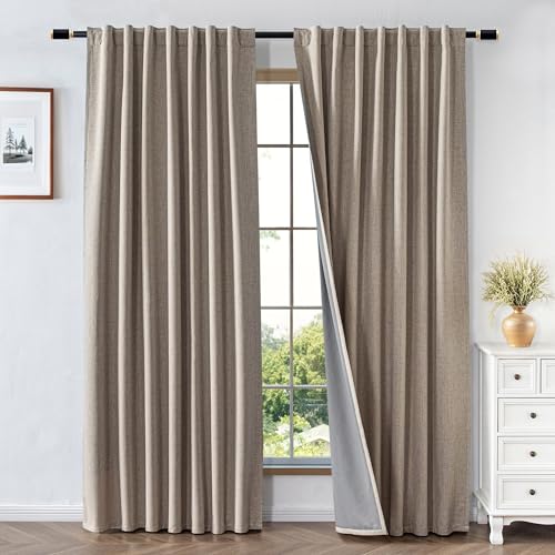 100% Blackout Curtains for Bedroom, Linen Curtains 96 Inches Long 2 Panel Set Thermal Insulated Living Room, Back Tab & Rod Pocket Drapes Windows Home Decor (W52 x L96,Beige)