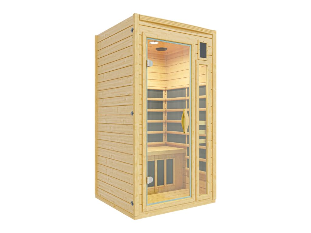 Infrarotkabine 1 Person | Hemlockholz natur | 99x91x184cm | Ganzglastür Klarglas | Mica-Heizung 1,33kW | Fronteinstieg | Wärmekabine für Zuhause | MP3-Halter, Becherhalter & Rückenlehne