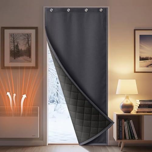 HEMVOR Thermal Door Curtains for Winter, W32''xL80'', Waterproof Windproof Insulated Blackout Curtains with Velcro & Hooks, Thick Thermal Curtain, Doorways Insulation for Front House Door(Gray)
