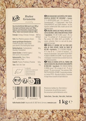 KoRo - Crunchy Bio Hafer Granola 1 kg - 100% Bio-Qualität - Vegan - Mit Reissirup gesüßt