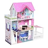 HOMCOM Puppenvilla Mädchen Spielzeug Kinder Puppenhaus aus Holz Puppenstube Dollhouse 3 Etagen mit Möbel und Zubehör 86 x 30 x 87 cm