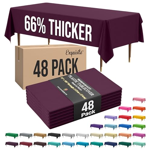 Image of Exquisite Plum Rectangle Tablecloth 54 inchx108 inch - 48 Pack | Plastic Tablecloth, Disposable Table Covers Rectangle for Parties, Weddings, Holidays & Party Supplies