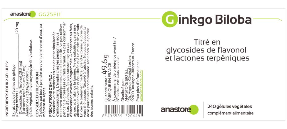 GINKGO BILOBA * 60 mg / 240 gélules * Titré à 24% min. en glycosides de flavonol et à 6% min. en lactones terpéniques * Cardiovasculaire, Cerveau, Immunitaire