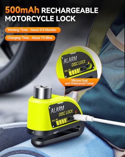 Motorcycle Disc Lock with Alarm, Electric Scooter Lock Heavy Duty Anti-Theft with 120dB Alarm, 5FT Reminder Cable for Helmet Anti-Theft, Rechargeable (Green)