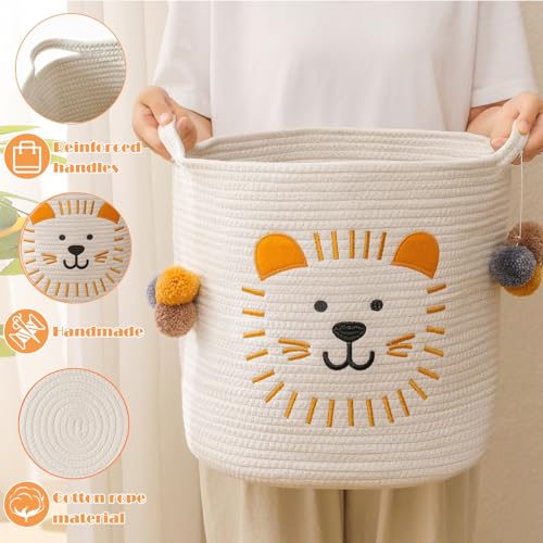 Image of Large Blanket Baskets for Living Room Decor, Toy Storage Baskets Woven Cotton Rope Animal Storage Basket for Kids, Dog Toys Organizer Clothes Hamper with Embroidery Decor for Nursery (Large, Lion)