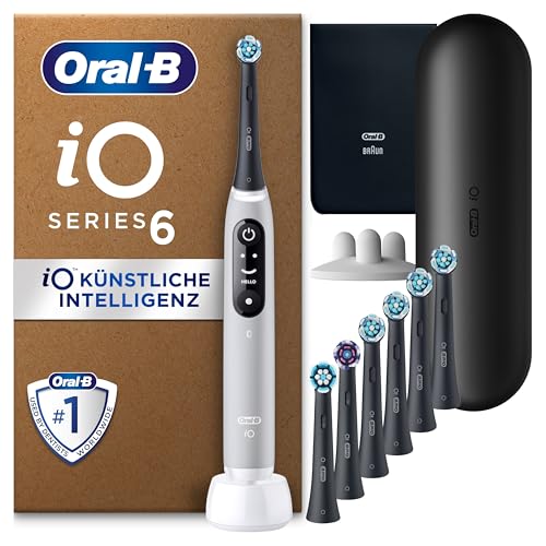 Oral-B iO Series 6 Elektrische Zahnbürste Grau PLUS Ausgewählte Original Oral-B iO Aufsteckbürsten Schwarz 7x