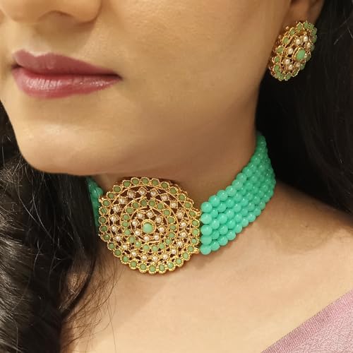Efulgenz Indian Jewelry Set Crystal Faux Pearl Multi Layered Strand Beaded Choker Necklace Earrings Bollywood Jewelry Set3