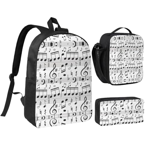 Music Note print Shoulder Bookbags Lunch Bag and Pen Case 17 inches Backpack with Lunch Box, Cute Bookbag Set